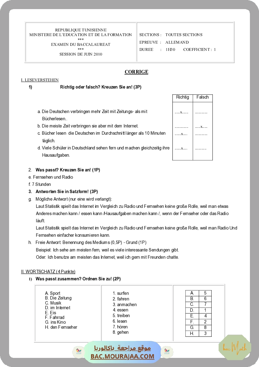 Corrigé principale  Bac 2010 – Section math